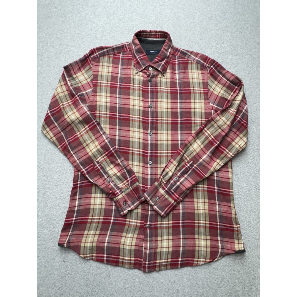 ZegnaSport Shirt Mens XL Red Plaid Slim Fit Wool Blend Button Down Casual Preppy